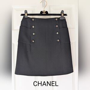 CHANEL RARE Black Mini Skirt with Logo Button Accents French Sz 38